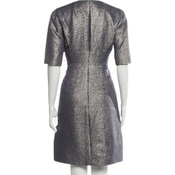 ❤️AKRIS Blue Gray Metallic Half Sleeve Textured Silk Knee Cocktail Dress 12 - Picture 2 of 6